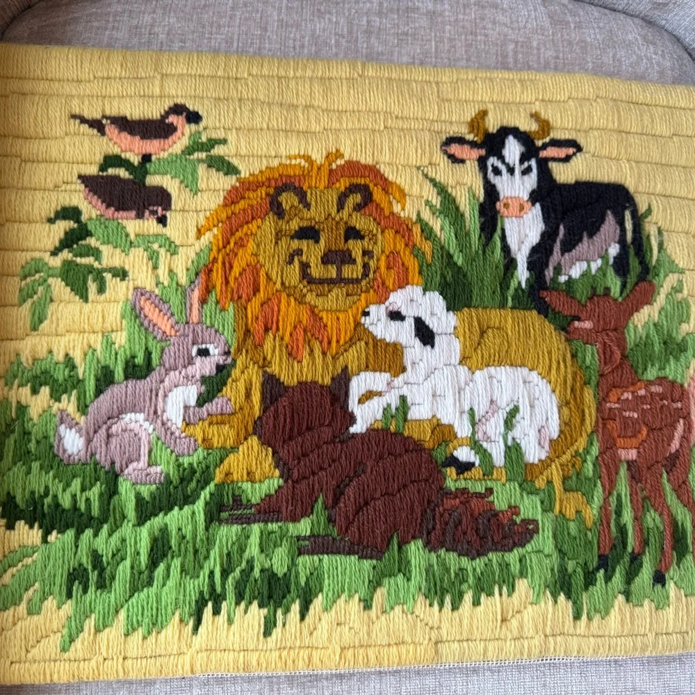 Vintage Yellow and Green Embroidered Nursery Cute Animals Lion Bunny Deer